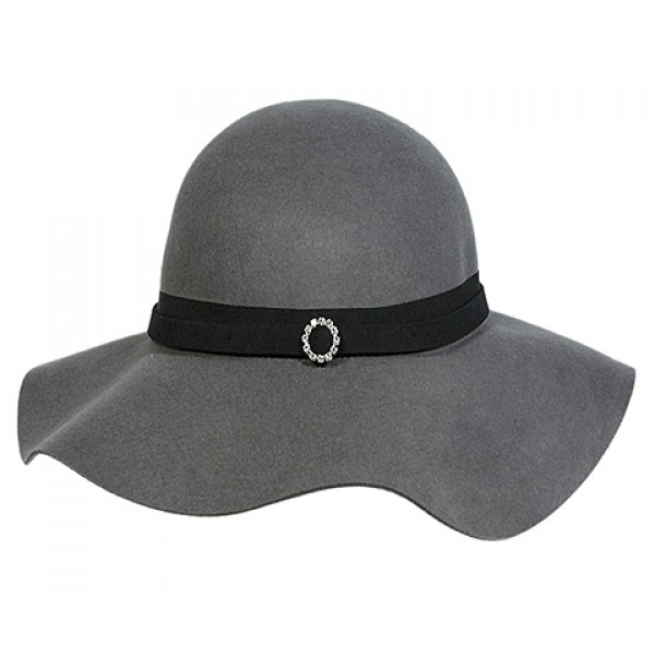 Wide Brim Wool Felt Hats w/ Rhinestone Ring Band - Gray - HT-CC12-7GY